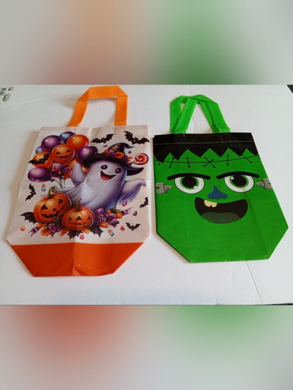 Green Frankenstein and Orange Ghost Kids Halloween Tote Bags, Waterproof Fabric